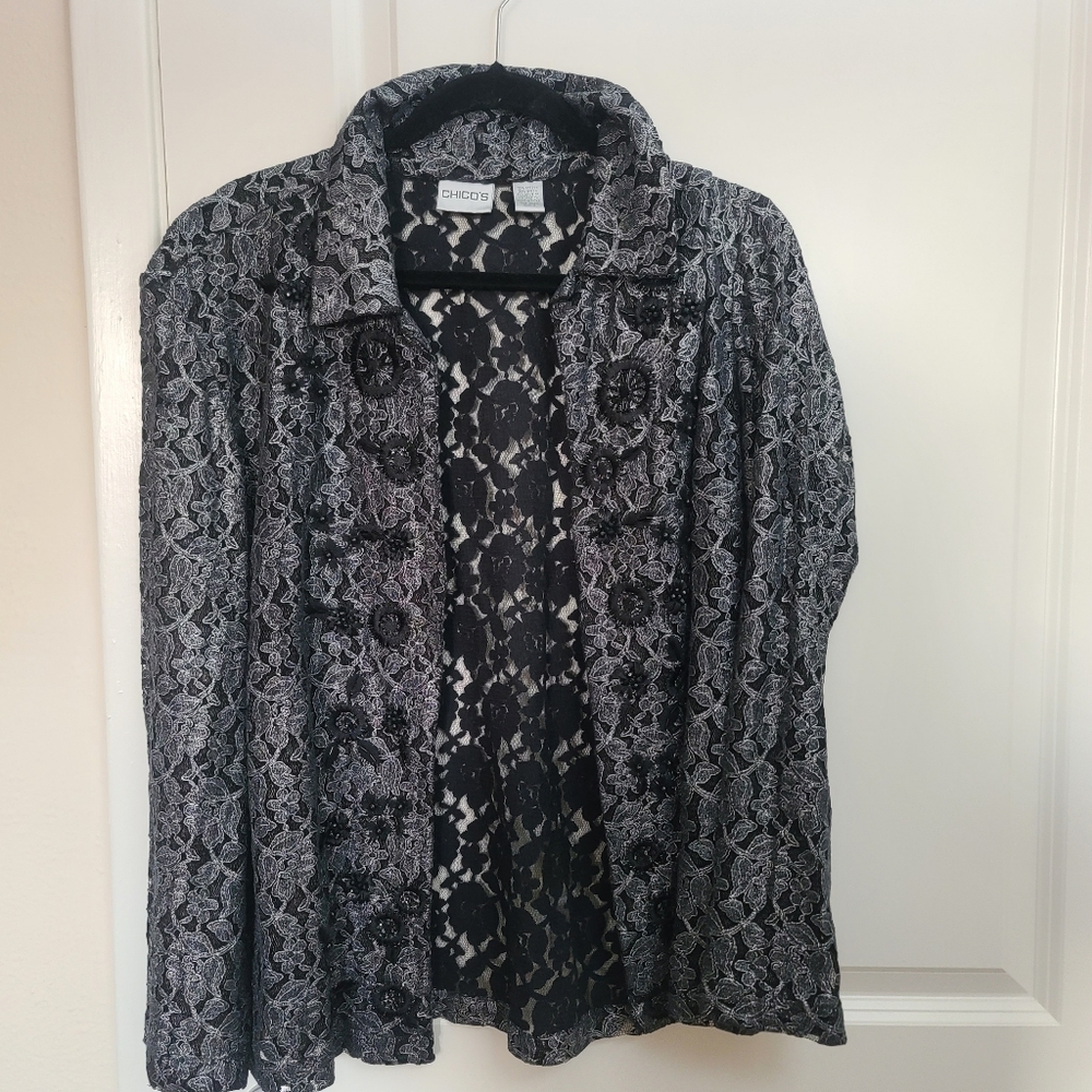 Chico's Black/Gray Sequin Cardigan.
